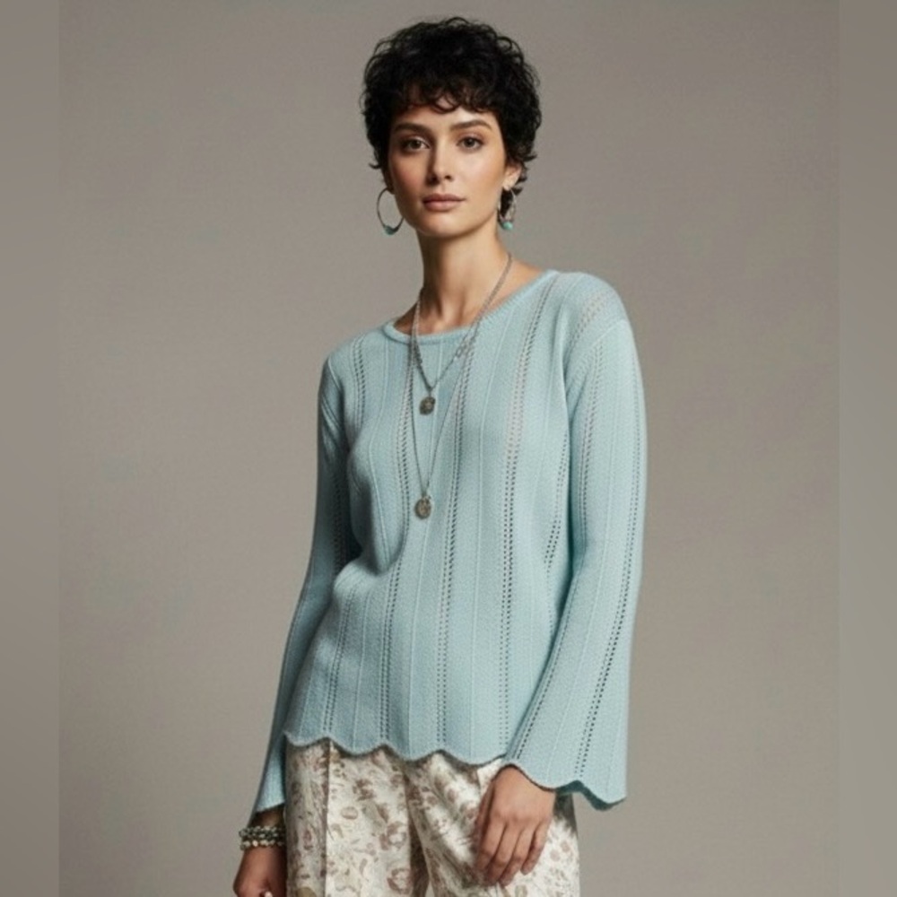 Rock&Roll Denim Women's Light Blue Knit Sweater Bell Sleeve Wavy Hem Size Small